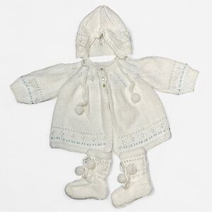Vintage Handmade Classic Knitted Infant Matinee Coat‎ Bonnet Booties Set
